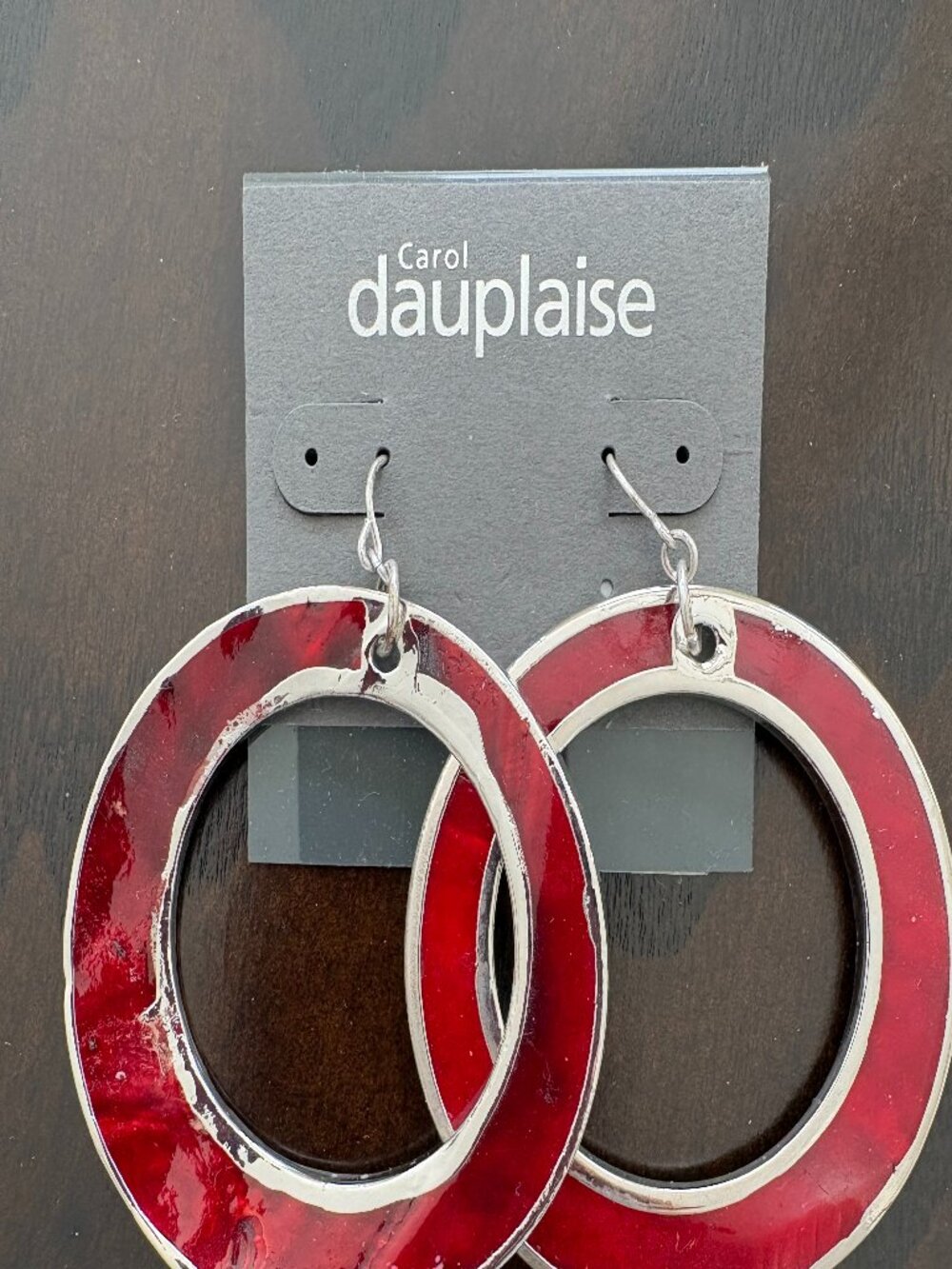 Carol Dauplaise Silver tone Red Enamel Drop Hoop Earrings - NEW